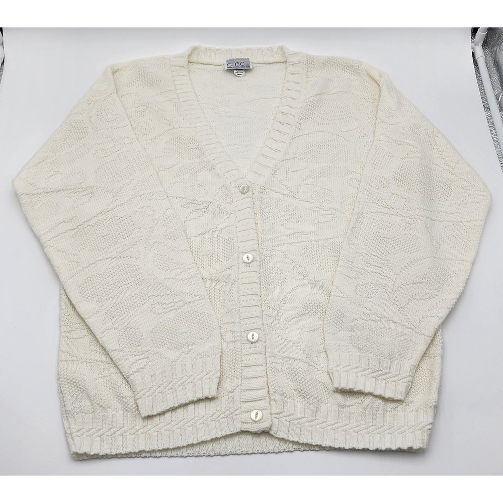 Vintage GFC LTD Womens Cream Textured Knit Cardigan Sweater‎ Made in USA Small